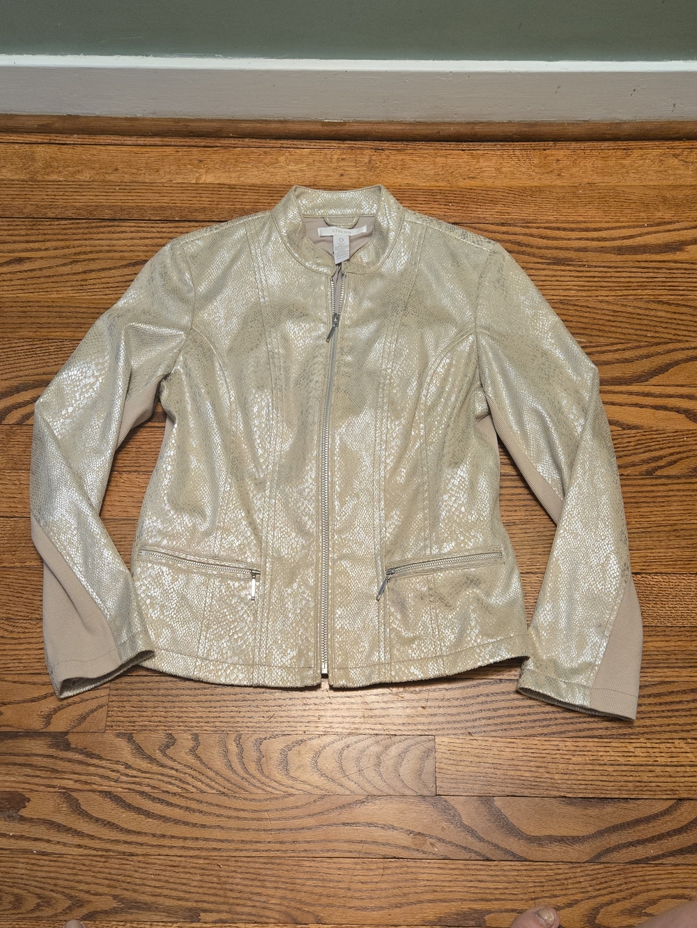Cream Metalic Faux Leather Snakeskin Jacket Zip-Front Chicos